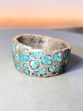 Turquoise Chip Inlay Sterling Silver Wide Band Ring